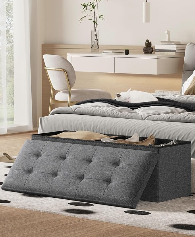 Folding Storage Ottoman Bench, Multi-Functional Ottoman Footrest, End of Bed Bench, Storage Chest for Living Room, Bedroom, Hallway, Entryway, Holds Up to 700 lbs (Dark Gray, 43 Inches)