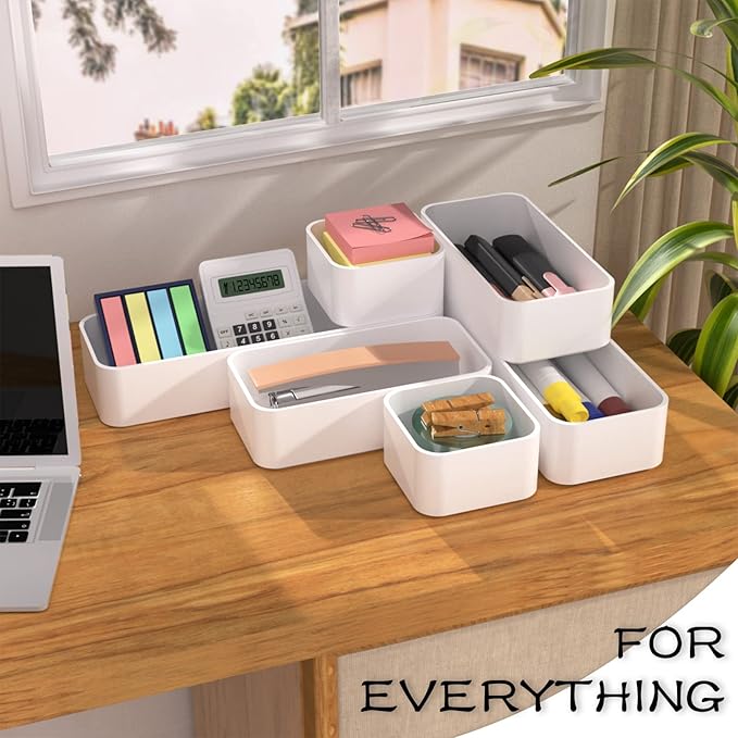 CHANCETSUI 6 PCS Stackable Drawer Organizers Set, Versatile Desk and Vanity Drawer Organizer Trays, Storage Bins for Makeup, Bathroom, Bedroom, Kitchen and Office, White-NeatNest