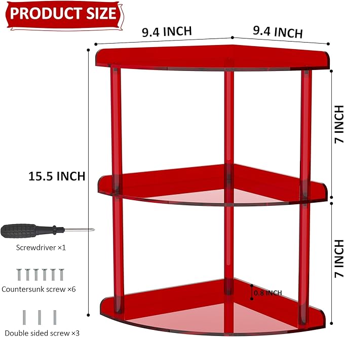 3 Tier Acrylic Corner Shelf Organizer Storage 9.5x9.5x15.7 Inch, Red Countertop Corner Shelf for Bathroom, Kitchen, Bedroom, Office, Study Room-NeatNest