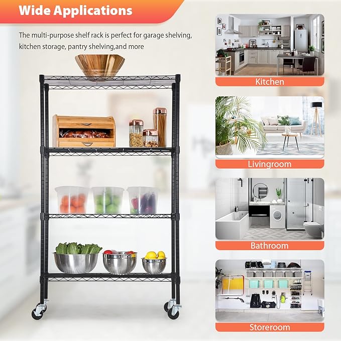 FDW Wire Shelving Storage Shelves 4-Shelf Adjustable NSF Wire Shelf Heavy Duty Storage Shelving Unit on 3” Wheel Casters Commercial Metal Rack 36L x 14W x 62H,Black