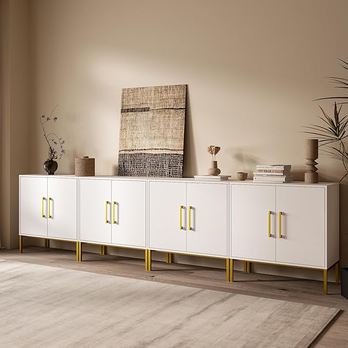 JOZZBY Set of 4 Storage Cabinet, Sideboard Buffet Storage, Modern Living Room Cabinet, White Side Cabinets for Bedroom, Kitchen, and Hallway
