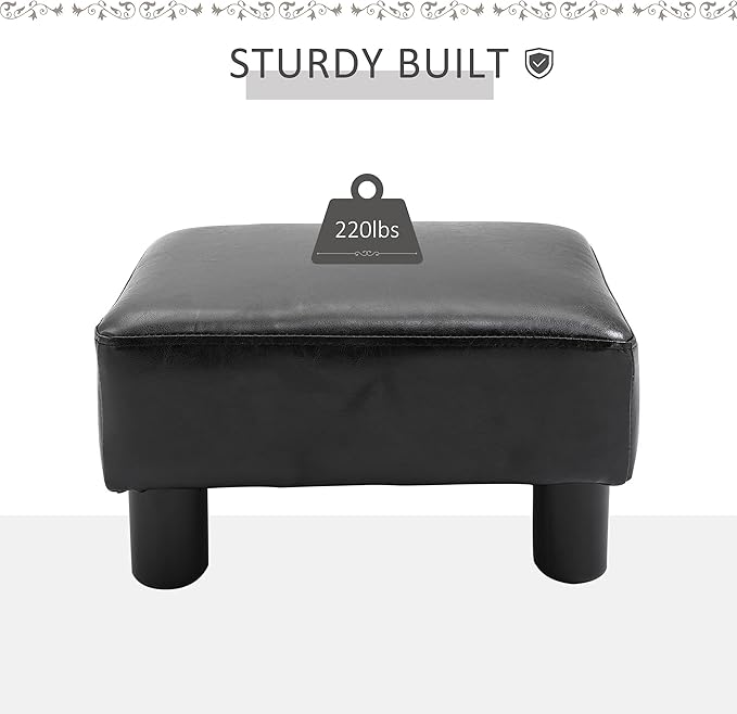 HOMCOM Ottoman Foot Rest, Small Foot Stool with Faux Leather Upholstery, Rectangular Ottoman Footrest with Padded Foam Seat and Plastic Legs, Bright Black