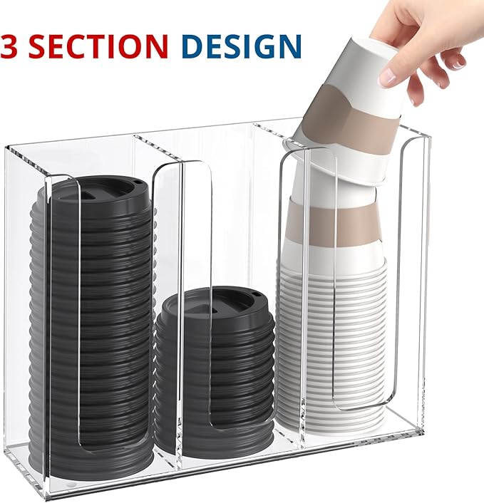 Acrylic Cup and Lid Holder, 3 Compartment, Disposable Coffee Cup Dispenser Cup Storage Organizer, Clear-NeatNest