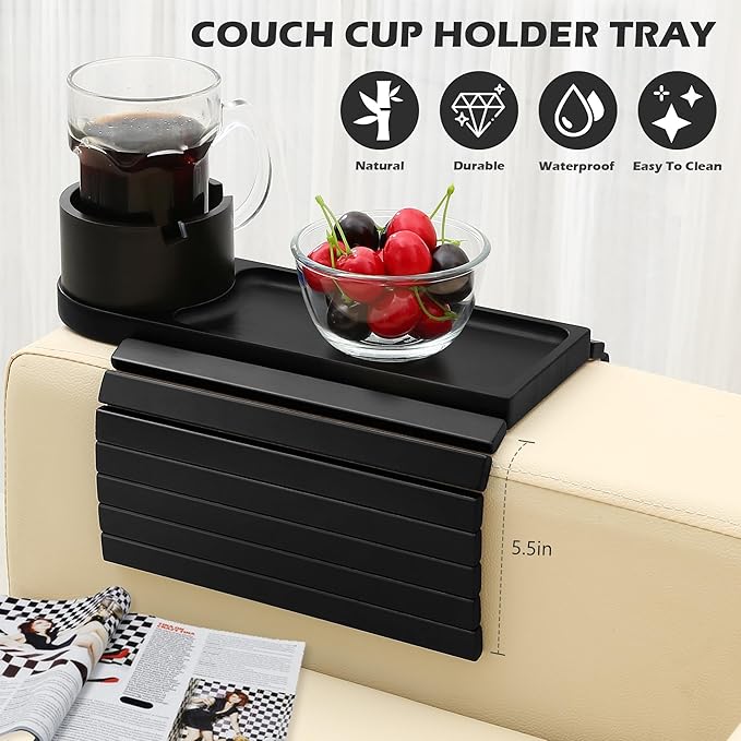 Couch Cup Holder Tray, 15.75" Bamboo Cup Holder for Couch, 3 in 1 Foldable Arm Chair Clip on Side Tray Table for Remote Snack Table on Armrest-NeatNest