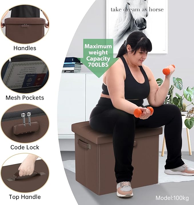 DocSafe Storage Ottoman Foot Rest Stool with Lock & Handle, Fireproof Folding Leather Footstool Bench with Storage Safe for Living Room Bedroom, Home Office, Dorm, 17x13x13in, Brown-NeatNest