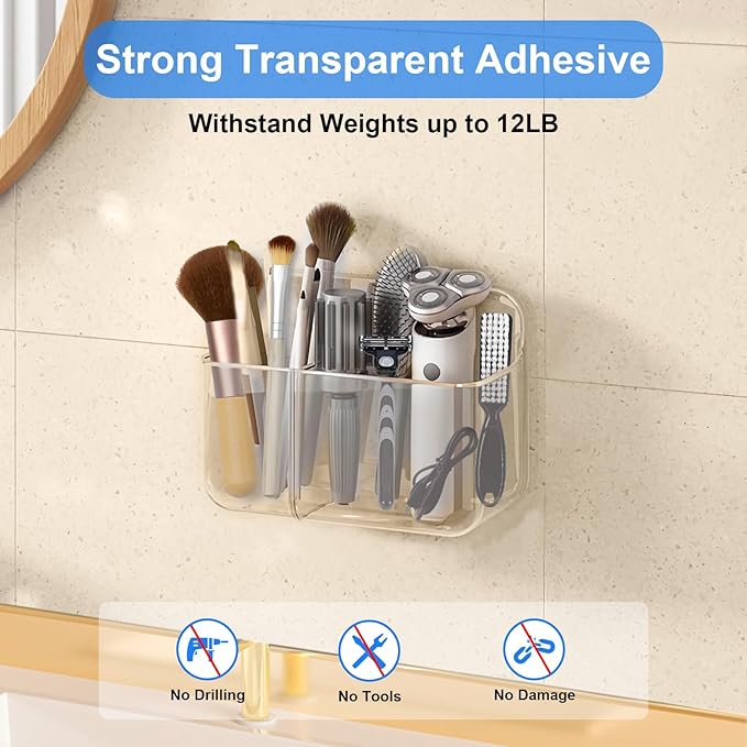 2pc Acrylic Wall Mount Organizer, Adhesive Clear Cabinet Door Organizer,Bathroom Shelves for Wall,No Drilling Hang Walls,with 2 Compartments, for Bathroom, Kitchen, Living Room-NeatNest