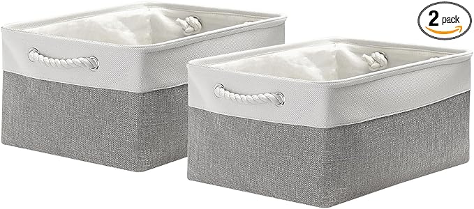 Fabric Storage Bins, 2 Pack Foldable Cube Baskets with Rope Handles, Large Collapsible Storage Cubes for Home, Office, Closet, Clothes, Books Organizer. (White and Gray, 2PCS/16*12.6*8.2inch)-NeatNest