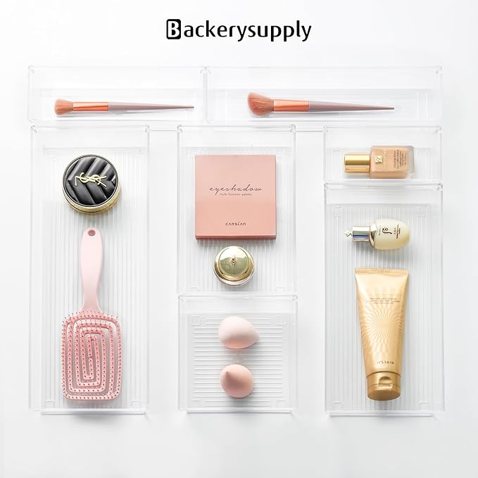 Backerysupply 4 Pack Storage Bins For Bathroom Cosmetic Makeup Vanity Clear Plastic Desk Drawer Organizers Tray Kitchen Utensils Silverware Dividers 15"x6"x2"-NeatNest