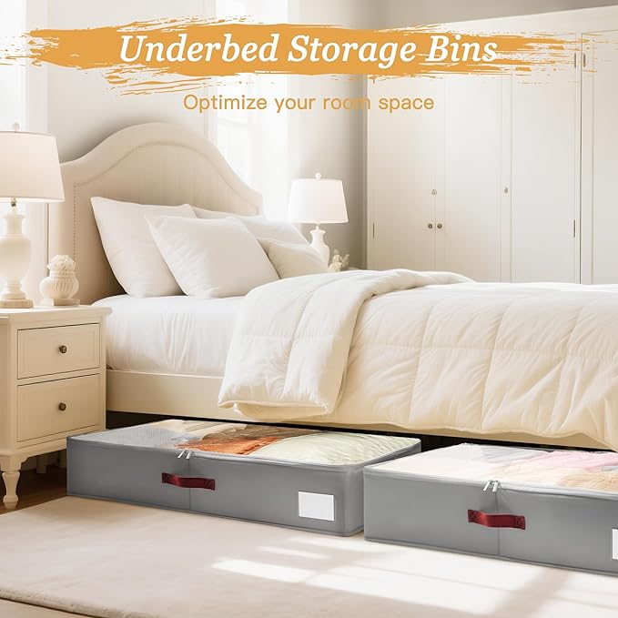 Criusia Under Bed Storage Bins with Clear PVC Lids – 2 Pack Large Underbed Organizers with Heavy-Duty Handles, Reinforced with 800G PP Panels & 80G Non-Woven Fabric – Waterproof & Foldable, Gery-NeatNest