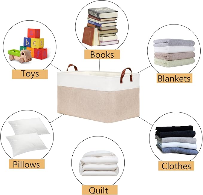 DULLEMELO 70L Extra Large Storage Bin, 22" x 15" x 13" Oversized Storage Basket, Collapsible Storage Box, Fabric Clothes Toys Blanket Basket for Shelves, Laundry, Nursery (White&Khaki)-NeatNest