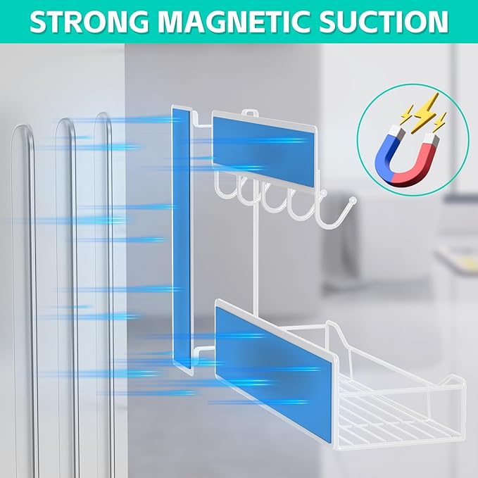 5 Pack Multifunctional Magnetic Shelves for Washing Machine & Refrigerator - Heavy Duty Laundry Room Organization System with Tool Hooks, Metal Storage Baskets (White)