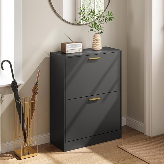 Shoe Cabinet with 2 Flip Drawers, Black Shoe Cabinet Storage for Entryway, Modern Shoe Organizer Wood, Freestanding Small Thin Shoe Racks with Doors, Black-NeatNest