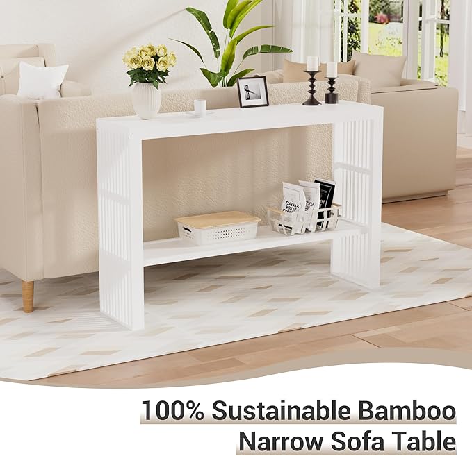 Bamboo Wood Console Table 47.2" Entryway Table, 2-Tier Farmhouse Narrow Sofa Table w/Storage Shelf, Couch Table Behind Sofa Easy Assembly for Entrance, Hallway, Living Room, Foyer(White)-NeatNest