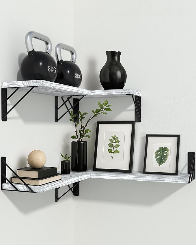 BAYKA Wall Shelves for Bedroom Decor, Floating Wall Shelves for Living Room Kitchen Storage, Wall Mounted Rustic Wood Floating Shelves for Kids Books, Corner Shelf for Bathroom(Gray White,Set of 4)-NeatNest
