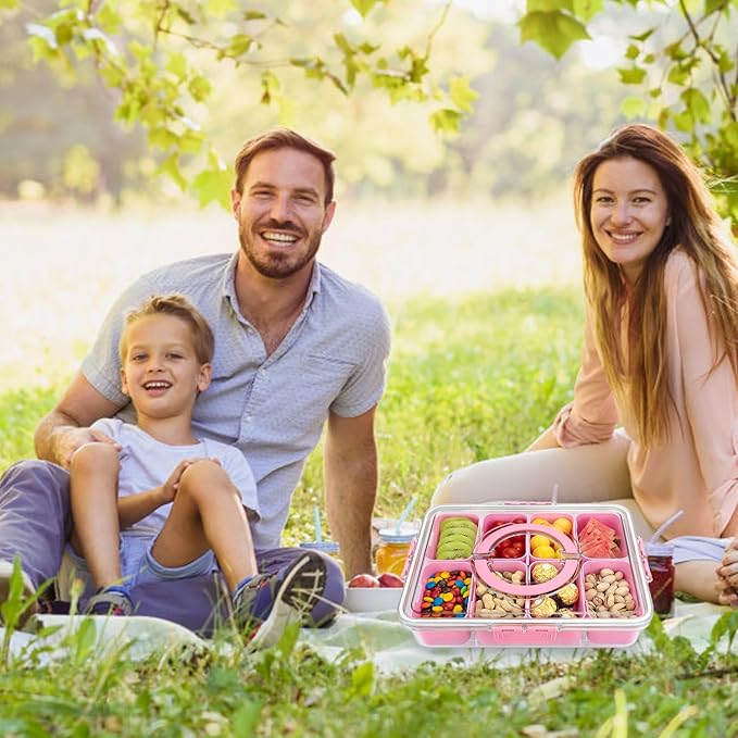 Divided Serving Tray with Lid and Handle,8 Compartments Snacks Box,Snack Fruit Tray,Veggie Tray,Portable Platter for Candy Fruits Nuts Snack Party Entertaining Picnic (2PCS Pink)-NeatNest