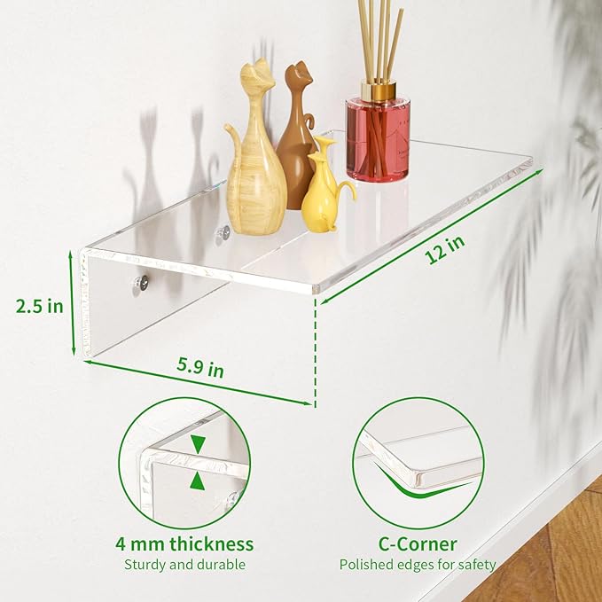 FEMELI 2 PCS 12" Acrylic Floating Shelves, Clear Shelf for Display, Plant, Perfume, Book in Bedroom Living Room Office, 5mm Thick Wall-Mounted Acrylic Shelves for Wall