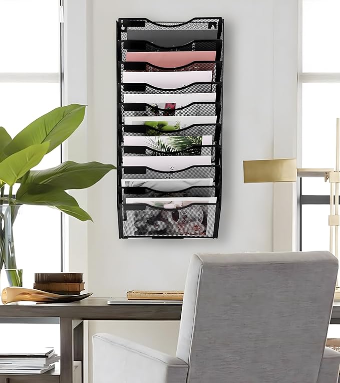 EasyPAG 10 Pocket Wall File Organizer, Black | Metal Mesh Wall Mounted File Holder | Assembly Hanging Mail Organizer | Replaceable Classify Labels | Office Home Letter Size Paper Storage