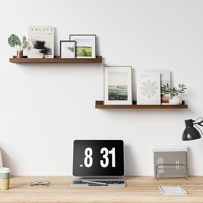 Floating Shelves for Wall, 24 inch Solid Wood Picture Ledge Shelf, Picture Shelf for Wall with Ledge, Floating Book Shelves for Living Room Bedroom Kitchen Nursery Decor, Walnut, Set of 2-NeatNest