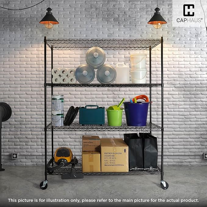 CAPHAUS NSF Commercial Grade Wire Shelving w/Wheels, Leveling Feet & Liners, Storage Metal Shelf, 48 x 18 x 76 4-Tier No Liner (RWW-CH48184HDW-BK@CH-CM)-NeatNest