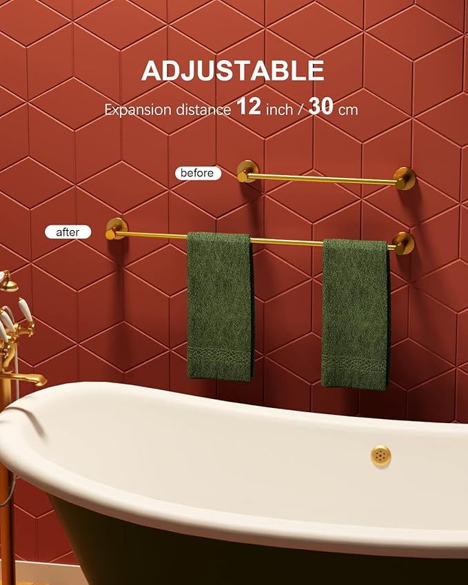 Adjustable 16 to 27.6 Inch Single Towel Bar, iMomwee Gold Brush Finished SUS304 Stainless Steel Bath Towel Holder, Wall Mount Towel Rail for Bathroom Kitchen Washroom, 1" Diameter Towel Rod with Hooks