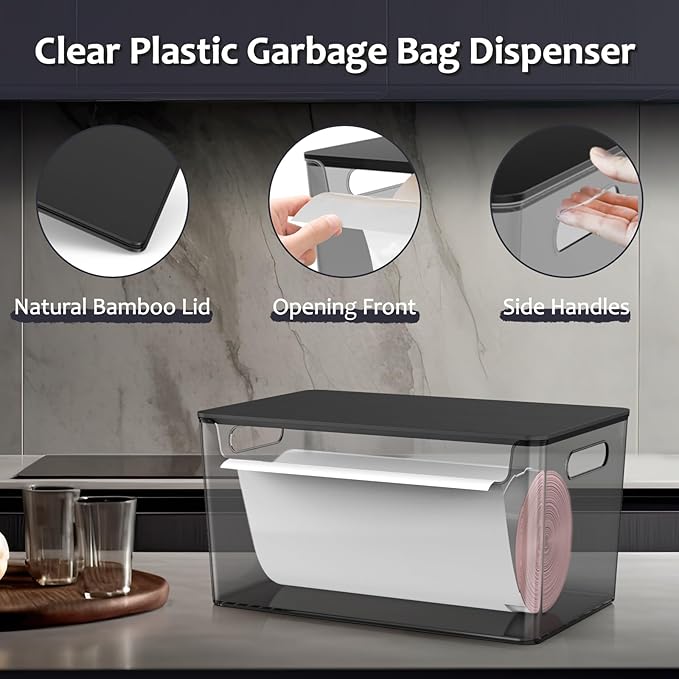 2 Pack Trash Bag Holder Under Sink Stackable, Plastic Garbage Bag Dispenser with Lid, Trash Bag Storage Dispenser Roll Holder for Kitchen, Pantry, Laundry Room Organization (Black)-NeatNest