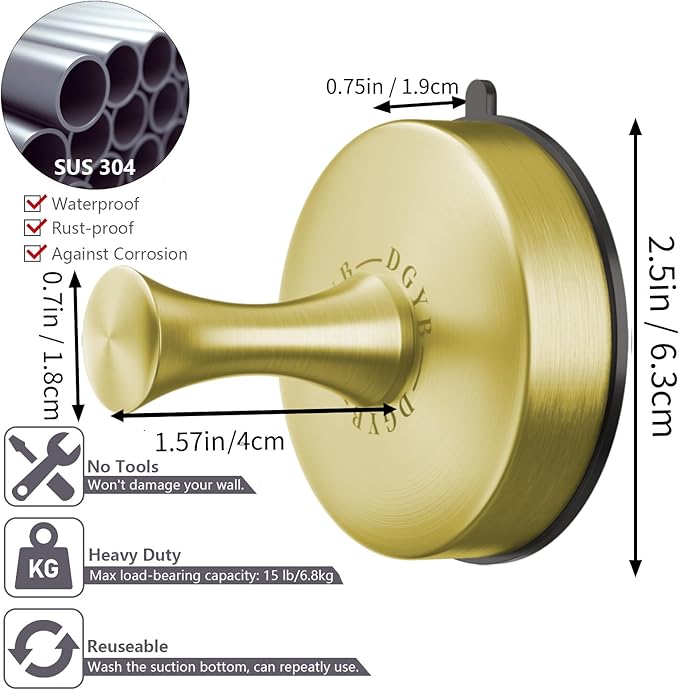 DGYB Suction Cup Hooks Set of 2 Suction Bathroom Hook for Wall Gold Shower Hooks for Inside Shower 304 Stainless Steel Towel Hook for Glass Door Hanging Robe, Loofah, Coats-NeatNest