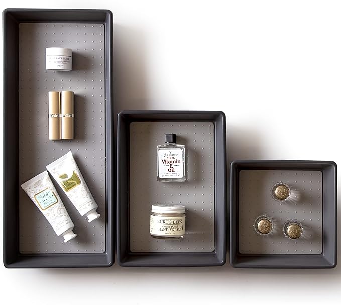 BINO | 3-Piece Drawer Organizer Bin Set, Large - Grey | THE MODULAR | Multi-Purpose Storage | Soft-Grip Lining and Non-Slip Rubber Feet | Durable | BPA-Free | Desk Drawer Organizer | Vanity Organizer-NeatNest