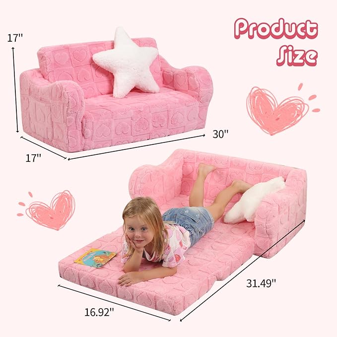 Extra Wider Seating Toddler Couch, 2-in-1 Toddler Soft Couch Fold Out with Star Pillow, Convertible Sofa to Lounger for Girls and Boys, Pink Heart-NeatNest