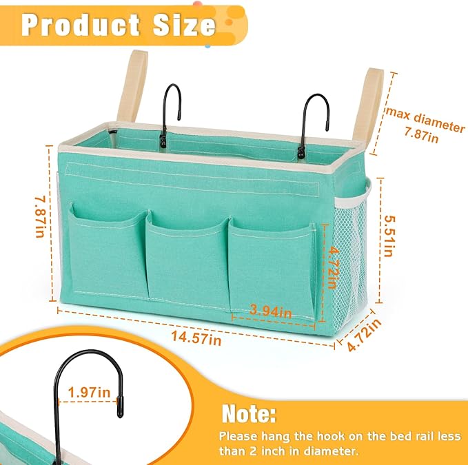 Bedside Caddy Bedside Organizer Bedside Storage Caddy with Fixed Straps and Water Bottle Holder for Home College Dorm Bunk Bed Hospital Bed Crib Bed Rails (2pcs Green)-NeatNest