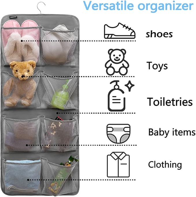 Dual-Sided Hanging Closet Organizer for Socks Underwear Bra Kids Storage Organizer for Baby Clothes Toddler Shoes with 26 Pockets (Grey-Mesh Pockets)-NeatNest