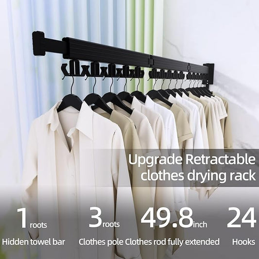Clothes Drying Rack, Wall Mounted Laundry Drying Rack, Upgrade 3-Fold Foldable Collapsible Retractable Clothing Drying Rack with 12 Dual Hooks Organization for Laundry Room Indoor- Black-NeatNest
