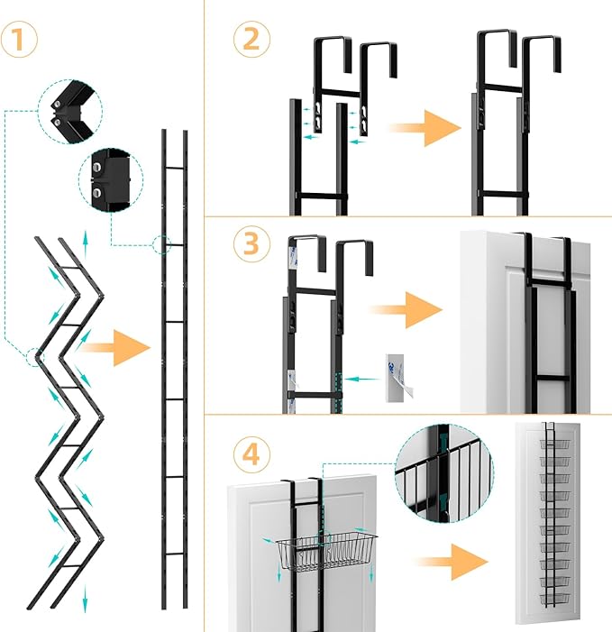 10-Tier Over The Door Organizer with Baskets - Heavy Duty Spice Rack Metal Hanging Shelf for Pantry & Kitchen | Adjustable Spice Rack, Space-Saving Hanging Storage for Bathroom, Laundry, Black