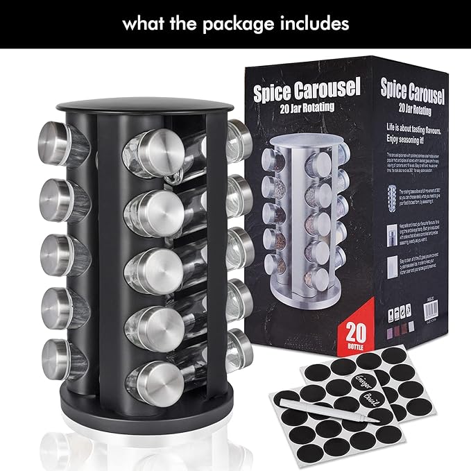 Baker Boutique Spice Rack, Spice Organizer for Countertop, Empty 20-Jars Rotating Rack, Spinning flavoring Rack Shelf, Revolving rack for Kitchen (Black)-NeatNest