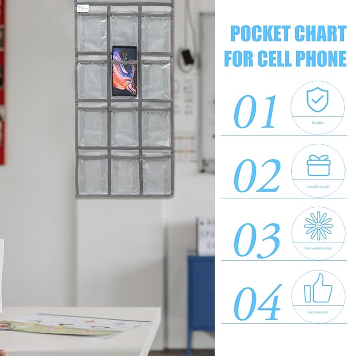 DOITOOL 12 Pockets Classroom Pocket Chart for Cell Phone Calculator Holder Over The Door Hanging Closet Jewelry Organizer Clear Pocket Chart Organizer for Classroom Cellphone Storage-NeatNest