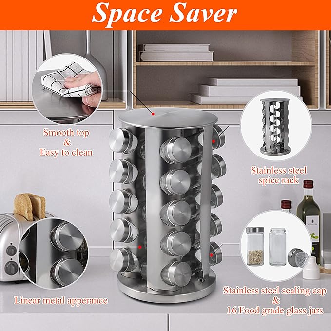 DOUBLE 2 C Revolving Spice Rack with 20 Jars, Rotating Spice Rack Organizer, Seasoning Organizer with Labels, Stainless Steel Spice Carousel for Kitchen Countertop, Cabinet-NeatNest