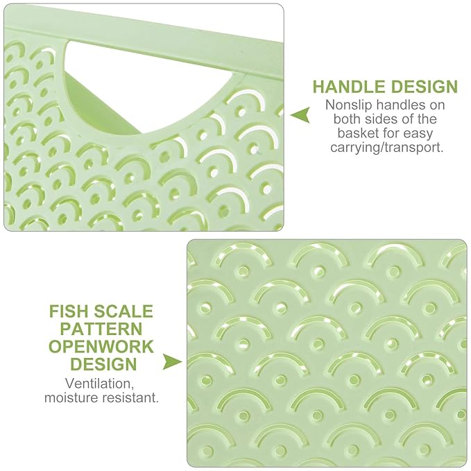 5 Pack Plastic Storage Baskets, Portable Green Fish Scale Pattern Hollow Desktop Storage Bin Box with Handle for Kitchen, Bathroom, Kids Room or Nursery Storage – 9.4 x 7.1 x 4.1 inches