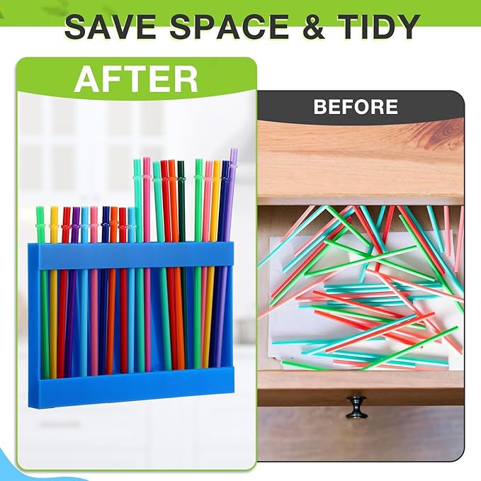 Acrylic Straw Holder for Cabinet Door with Double Sided Adhesive Tape Reusable Straw Organizer Tumbler Storage Kitchen Accessories Container for Counter Cupboard(Classic,Large,Blue)