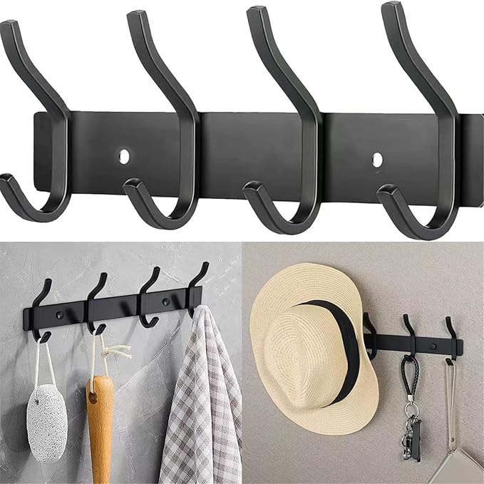 AZW Coat Rack Wall Mount,Heavy Duty Stainless Steel Metal Coat Hooks Hanging for Robes Bags Keys Hat Clothes and Bathroom Door Towels Hanger(Matte Black 4 Hooks)-NeatNest