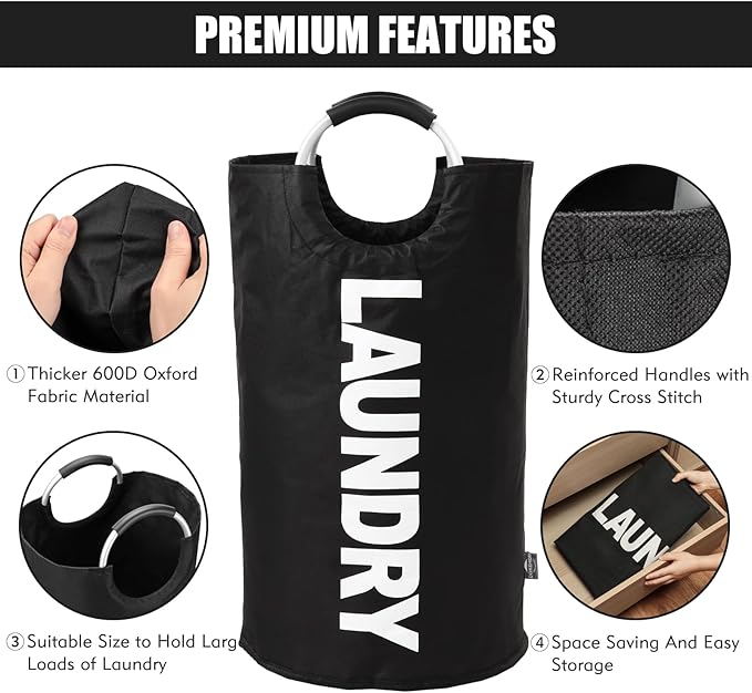 DOKEHOM 125L X-Large Laundry Basket, Collapsible Laundry Bag, Freestanding Tall Clothes Hamper, Foldable Washing Bin (Black)-NeatNest