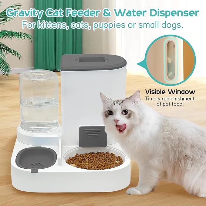 Fhiny Gravity Cat Feeder and Water Dispenser, 2 in 1 Automatic Pet Waterer Detachable Stainless Steel Food Bowls Set Pet Food Storage for Small Dog Puppy Cat Kitten Pet Easy Clean (Grey)-NeatNest
