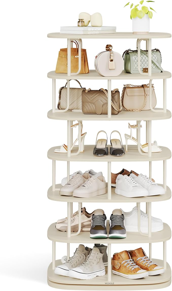 VASAGLE 7-Tier Shoe Rack, Rotating Shoe Rack Tower, Shoe Closet Organizer, Shoe Shelf, 28-35 Pairs, 23.6 x 23.6 x 47.2 Inches, for Entryway, Living Room, Closet, Cream White ULBS041W01-NeatNest