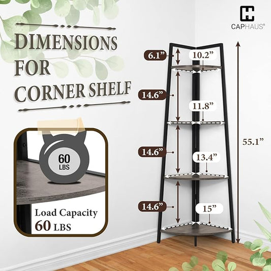 CAPHAUS Tall Corner Shelf Stand, 4-Tier Display Shelves, Ladder Corner Wood Storage Plant Bookshelf with Metal Frame, Versatile Shelving Unit Bookcase for Home Office Space, Dark Grey-NeatNest