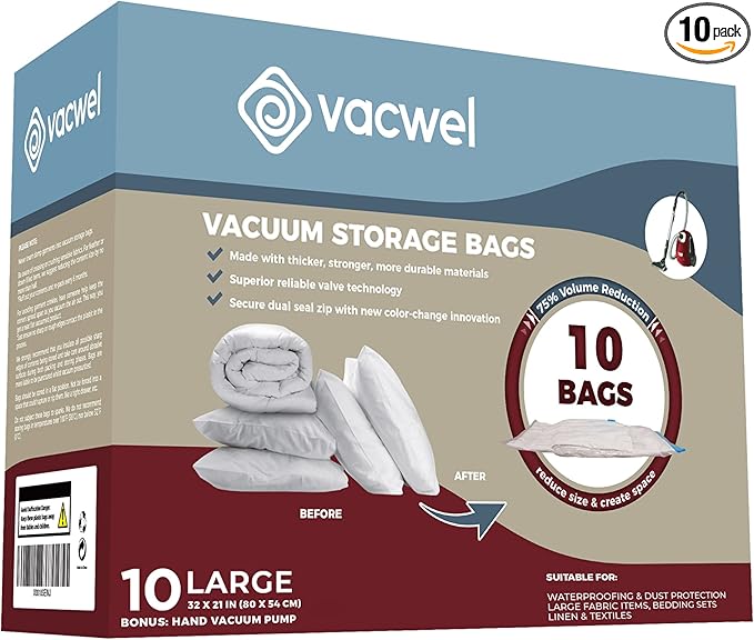 10-Pack Large - Vacuum Storage Bags for Clothes Storage - Vacuum Bags for Clothing - Packing - Travel (Hand Pump Free). Ideal Clothes Vacuum Sealer Bags for Clothing Storage - 10x Large Bags (32x21in)