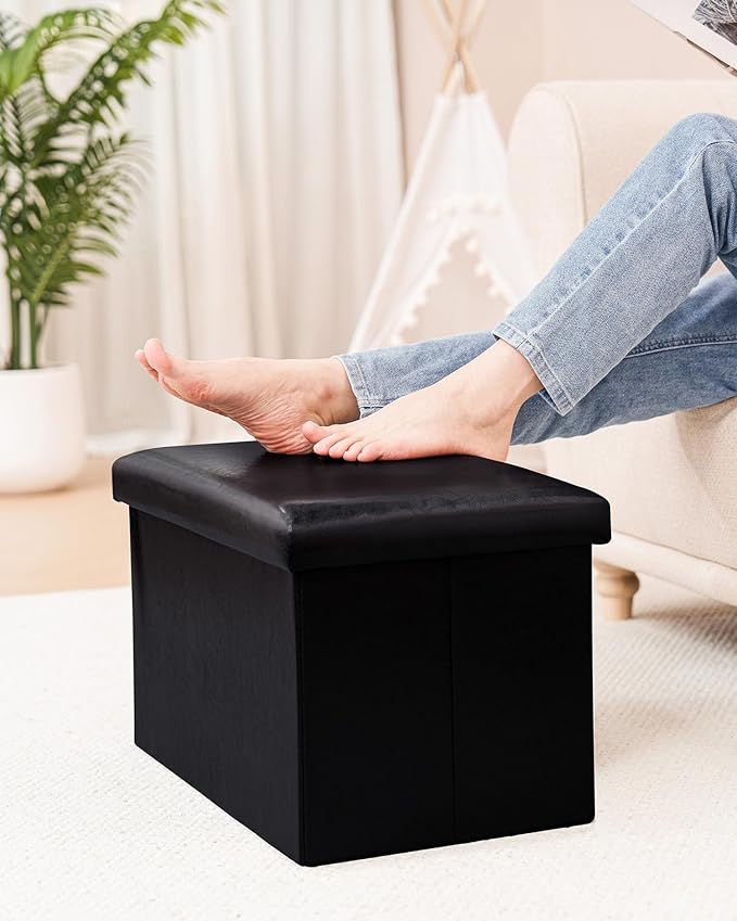 B FSOBEIIALEO Folding Storage Ottoman Cube Faux Leather Ottomans for Living Room, Bedroom, Home Office, Dorm Storage Footrest Black 16.5"x12.6"x12.6"