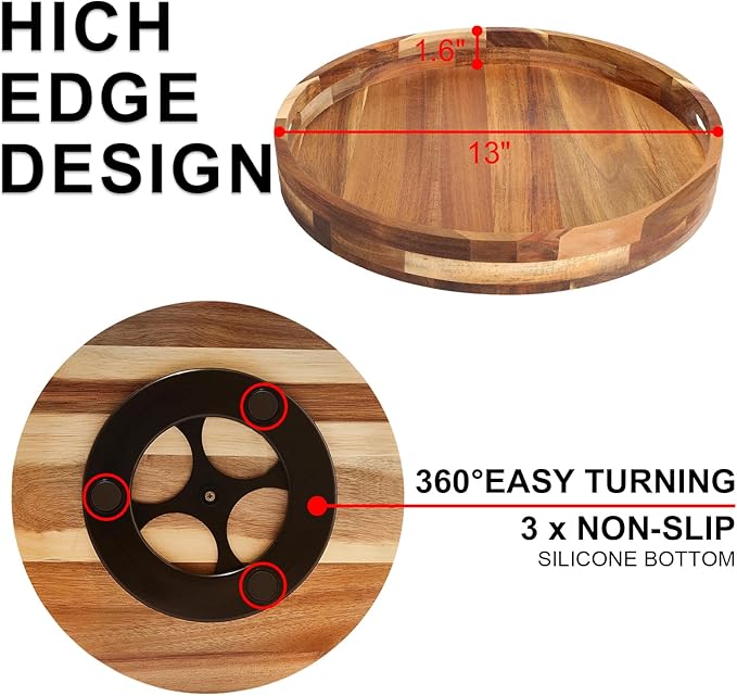 Acacia Wooden Lazy Susan for Table Top-12 Inch Wooden Lazy Susan Turntable with Double Handle-Large Acacia Wooden-Spice Organizer for Countertop, Table, Cabinet