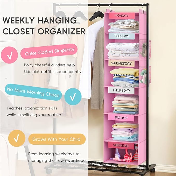 VERONLY Weekly Hanging Closet Organizer for Kids, 6-Shelf Clothes Storage with Labeled Days of The Week Monday Through Friday, Weekday and Weekend, Days of The Week Clothes Organizer-NeatNest