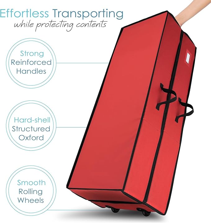 Hearth & Harbor Wrapping Paper Storage Container with Ribbon Dispenser and Interior Pockets - Large Christmas Storage Containers with Wheels, Fits 30 Rolls of 40" Length, Red-NeatNest