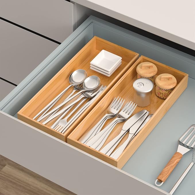 Bamboo Drawer Organizer, Stackable Utensil Organizer for Kitchen, Bamboo Storage Box Wood Silverware Tray for Drawer 15" x 6" x 2" Set of 2-NeatNest