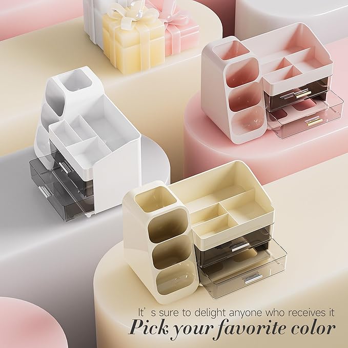 Delamu Makeup Organizer with Drawers for Vanity, Spacious Cosmetic Display Case with Makeup Brush Holder, Perfect Vanity Bathroom Organizer and Storage Solution for Skincare & Beauty Essentials, Pink