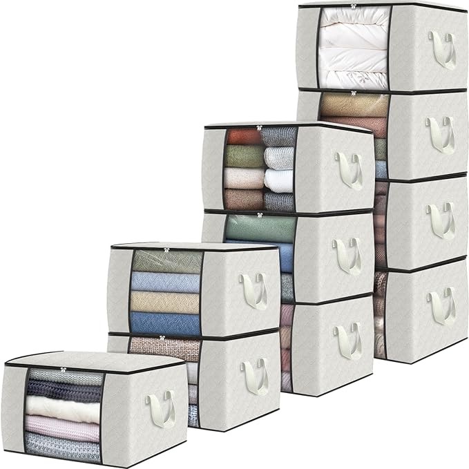 Fab totes 10 Pack Clothes Storage, Foldable Thick Fabric Blanket Storage Bags, Containers for Organizing Bedroom, Closet, Clothing, Comforter,Organization with Handle,Ivory White-NeatNest